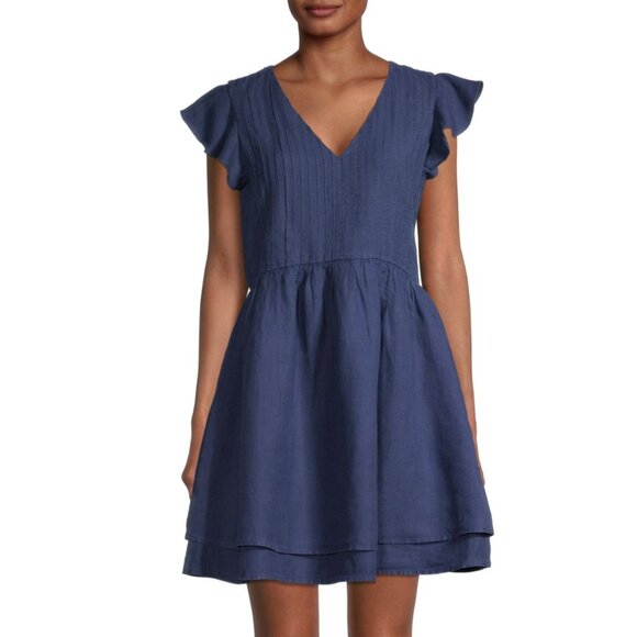 Vineyard Vines Pintuck Deep Bay Blue Linen Ruffle Sleeve V-Neck Mini Dress Large - Picture 1 of 11
